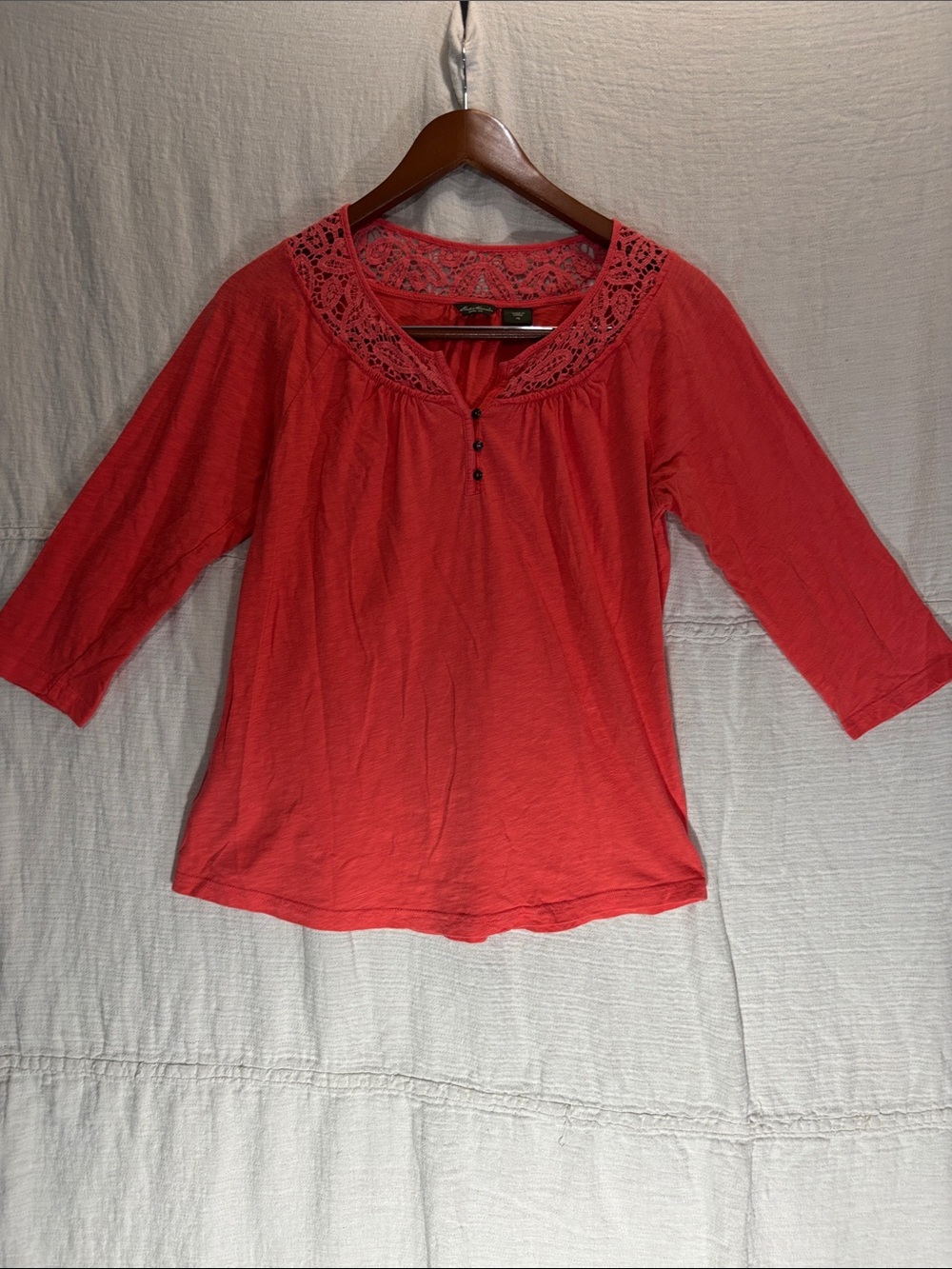 Eddie Bauer Coral Crochet Yoke 3/4 Sleeve Tunic 100% Cotton